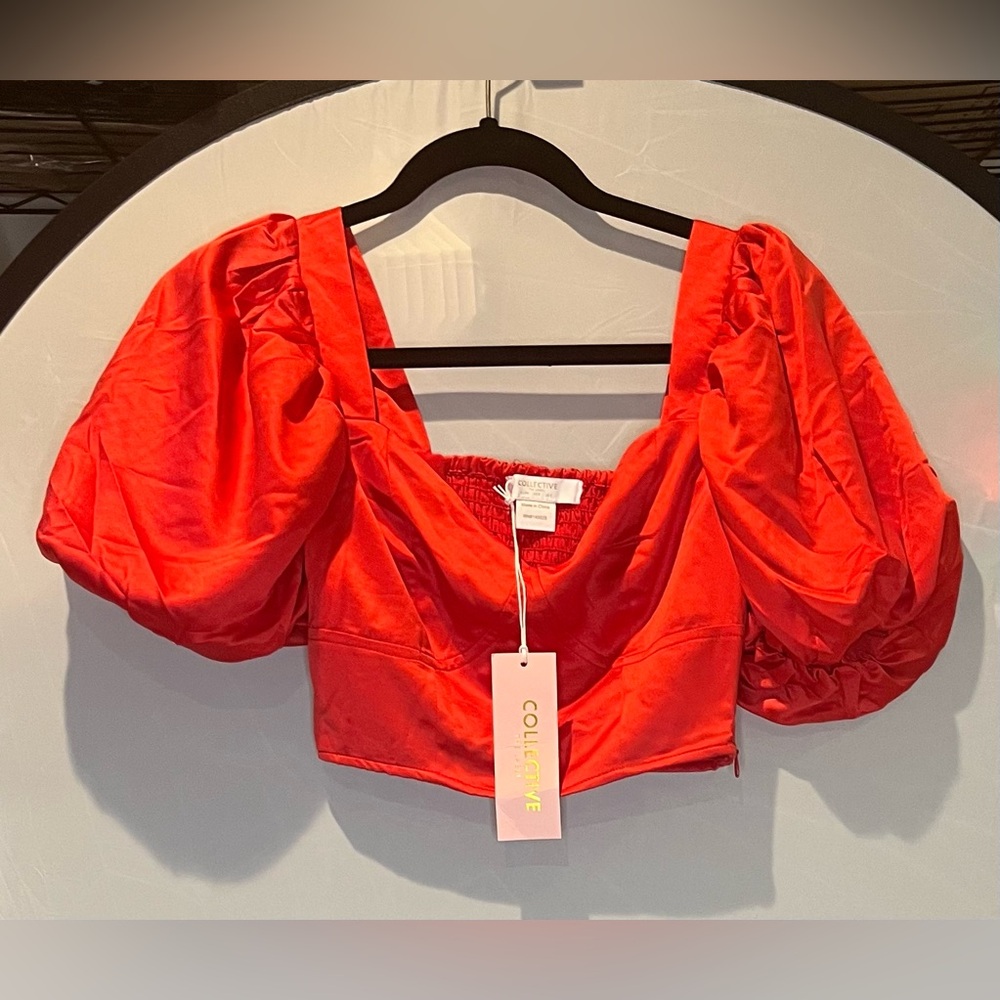 Vibrant Red Puff Sleeve Crop Blouse